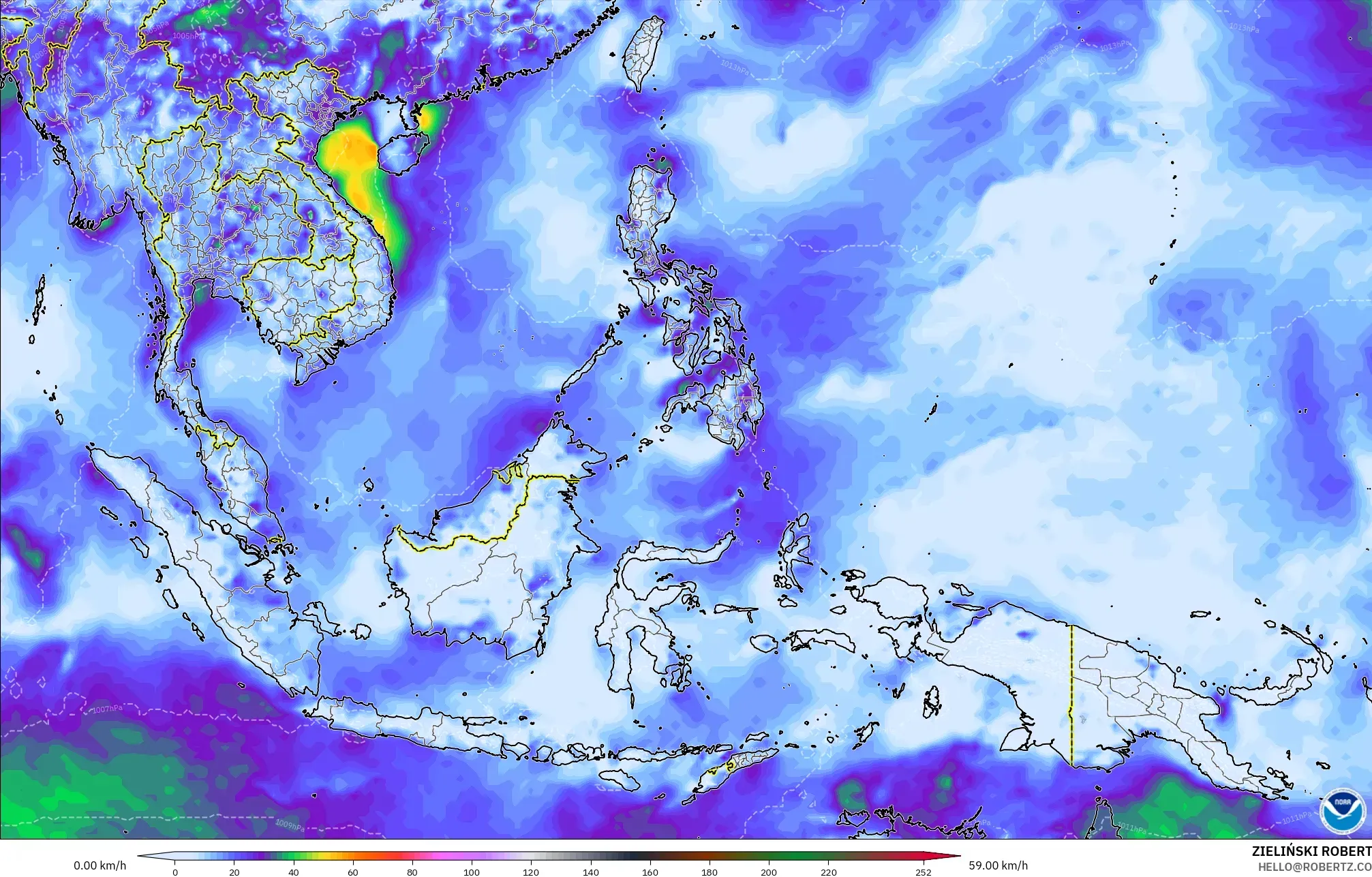 GFS model - South East Asia, Wind Gusts Peak