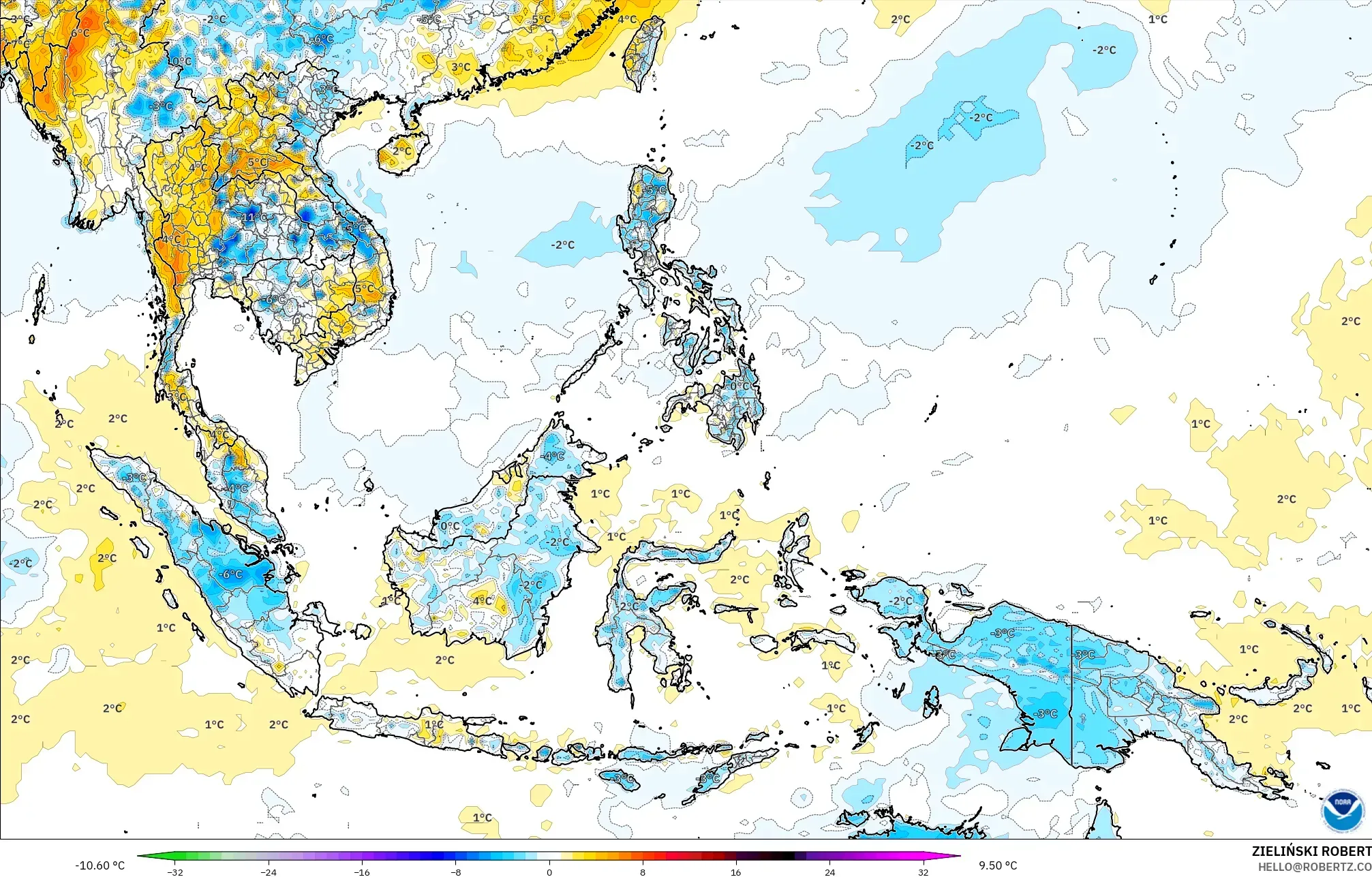 GFS model - South East Asia, Temperature at 2m Anomaly