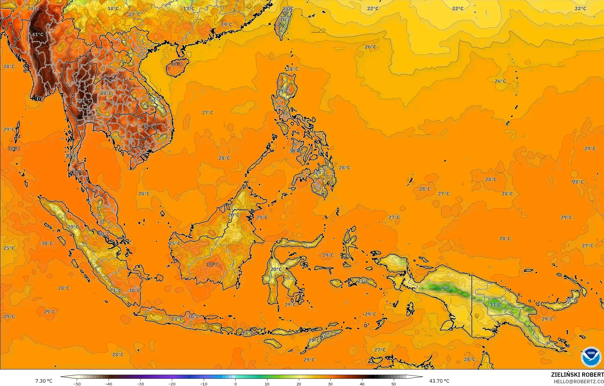 GFS model - South East Asia, Temperature at 2m