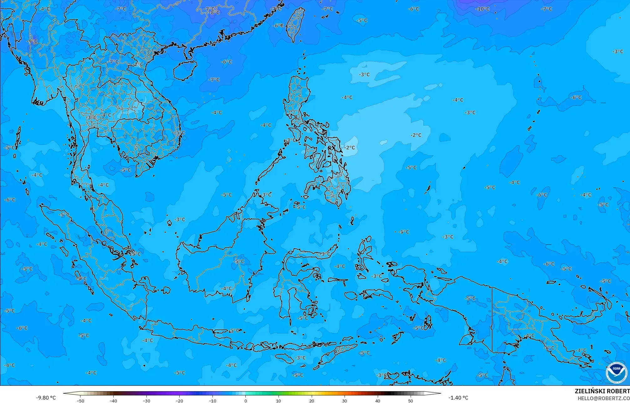 GFS model - South East Asia, Temperature at 500hPa