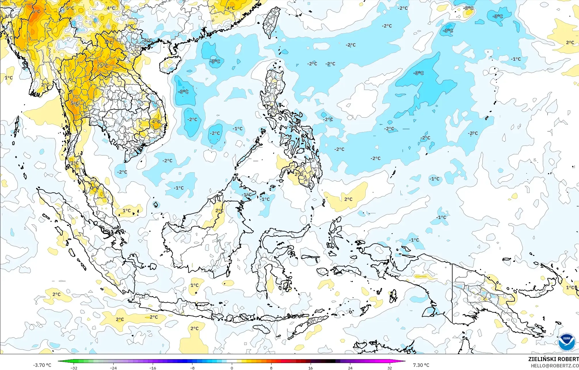 GFS model - South East Asia, Temperature at 850hPa Anomaly