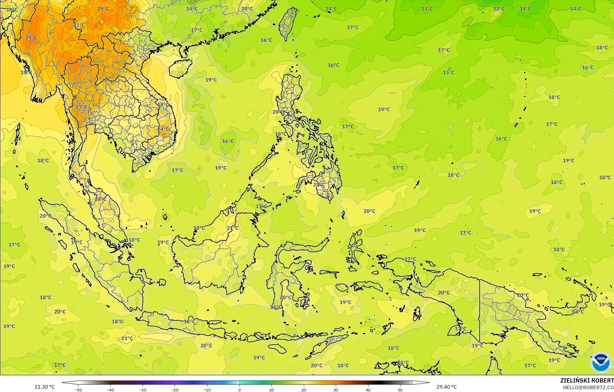 GFS model - South East Asia, Temperature at 850hPa