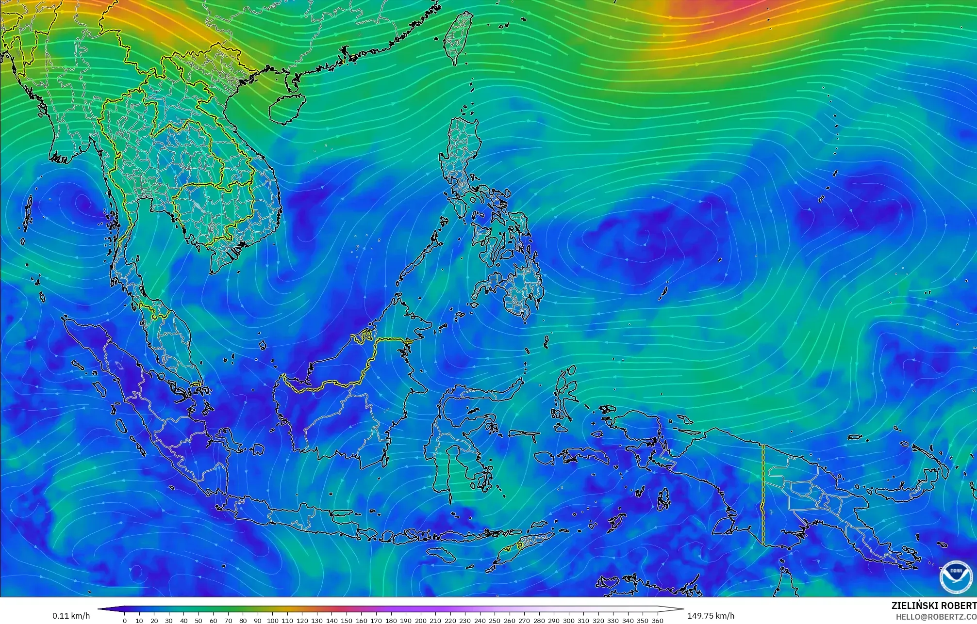 GFS model - South East Asia, Wind at 300hPa (jet stream)
