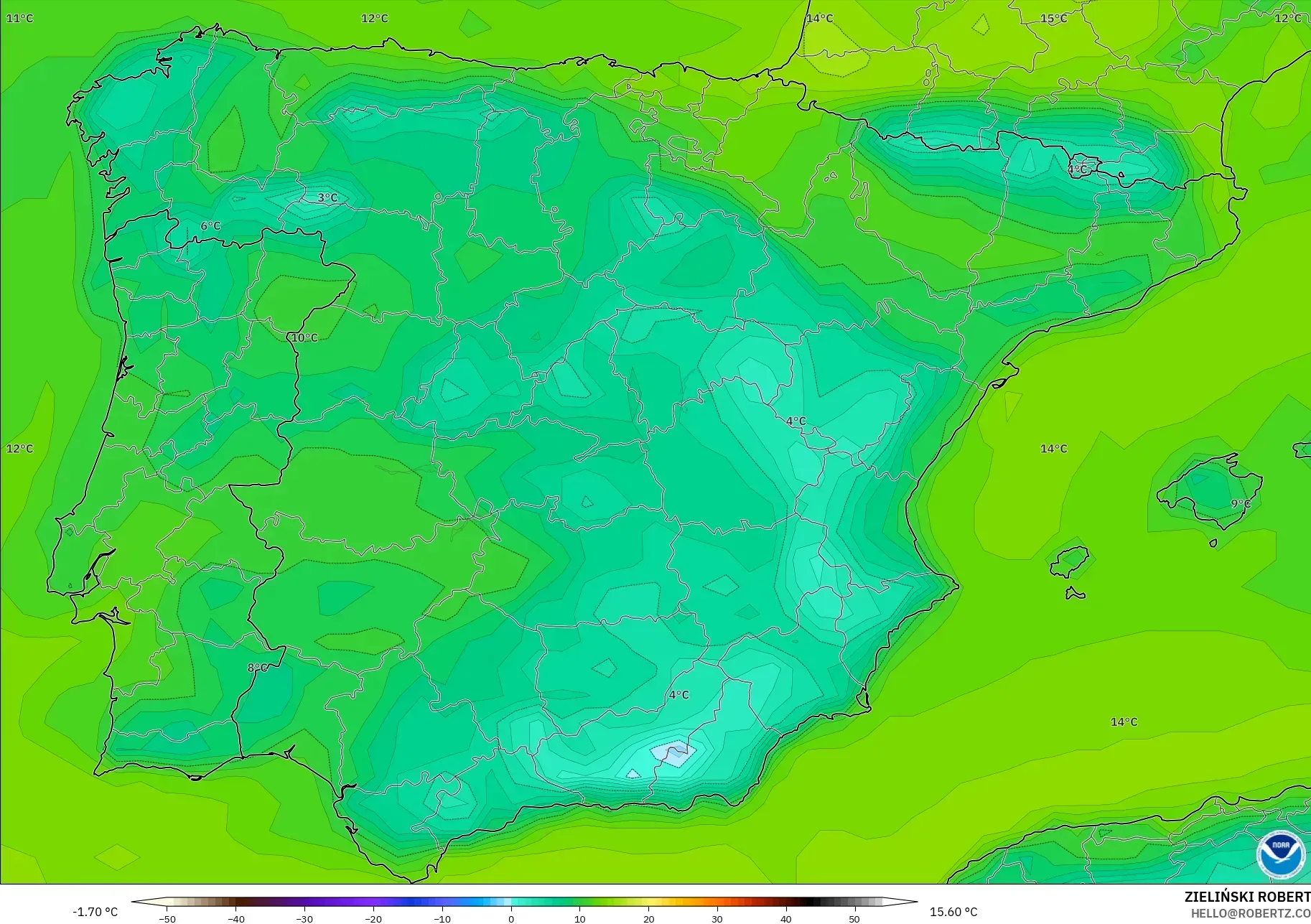 GFS model - Spain, Dewpoint at 2m