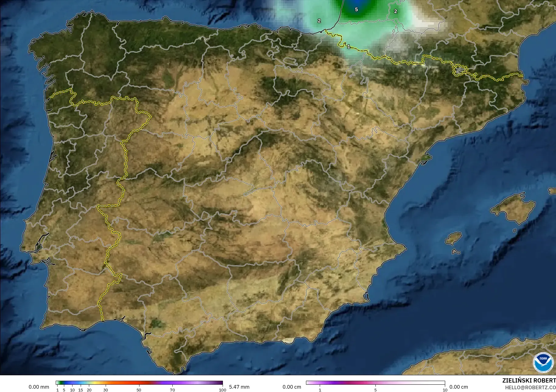 GFS model - Spain, Precipitation, Clouds, and Pressure