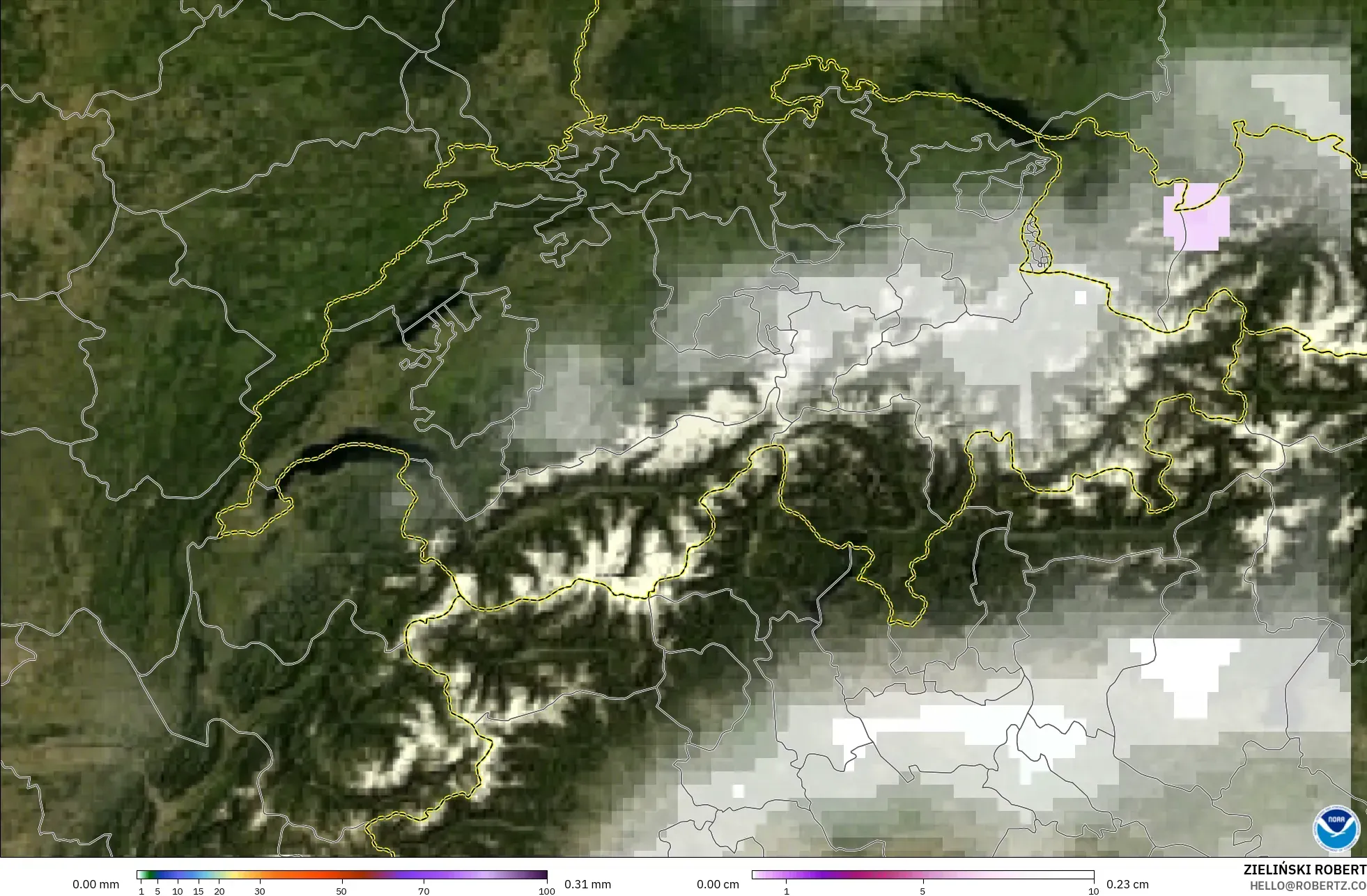 GFS model - Switzerland, Precipitation, Clouds, and Pressure