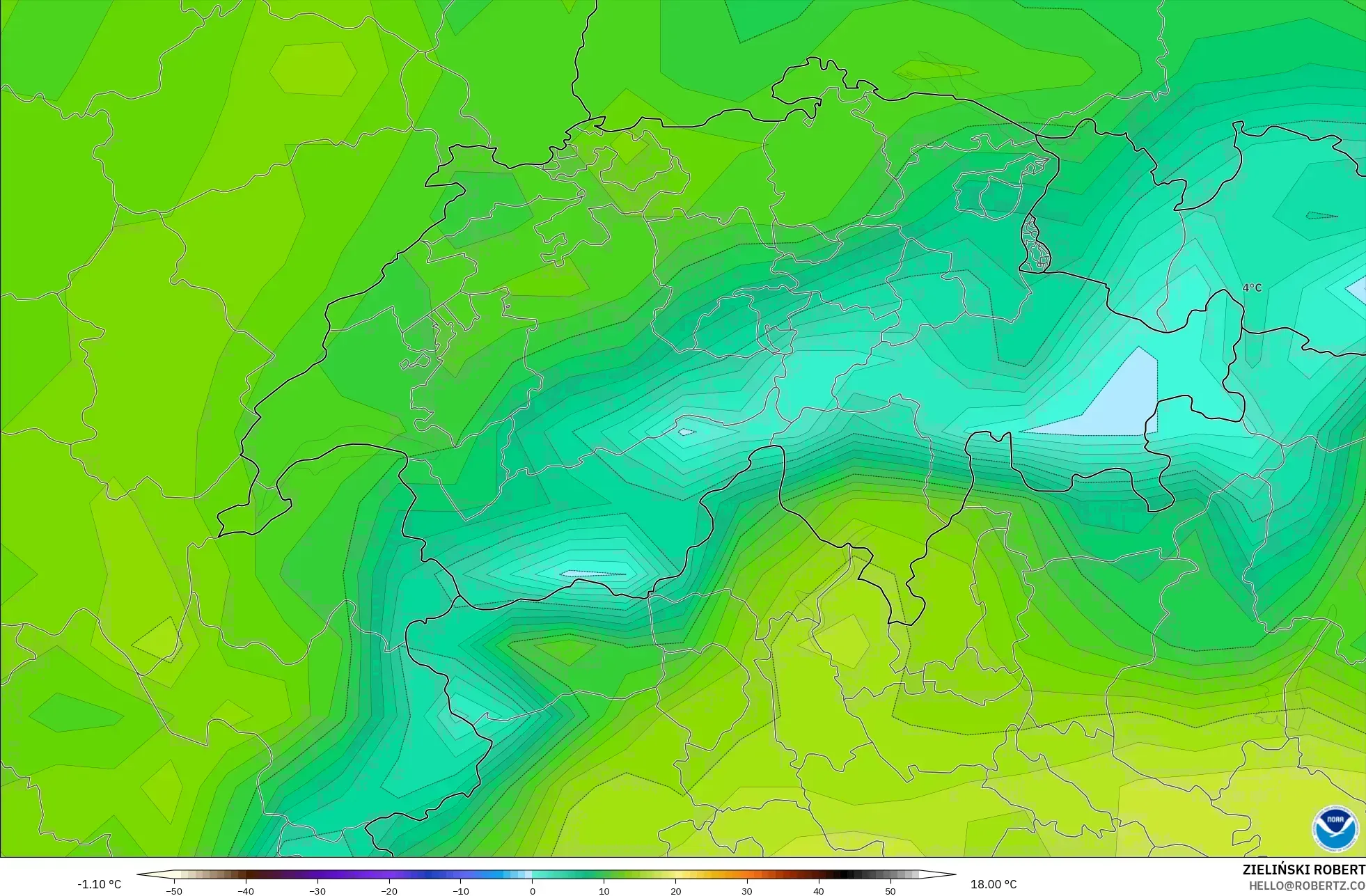 GFS model - Switzerland, Temperature at 2m