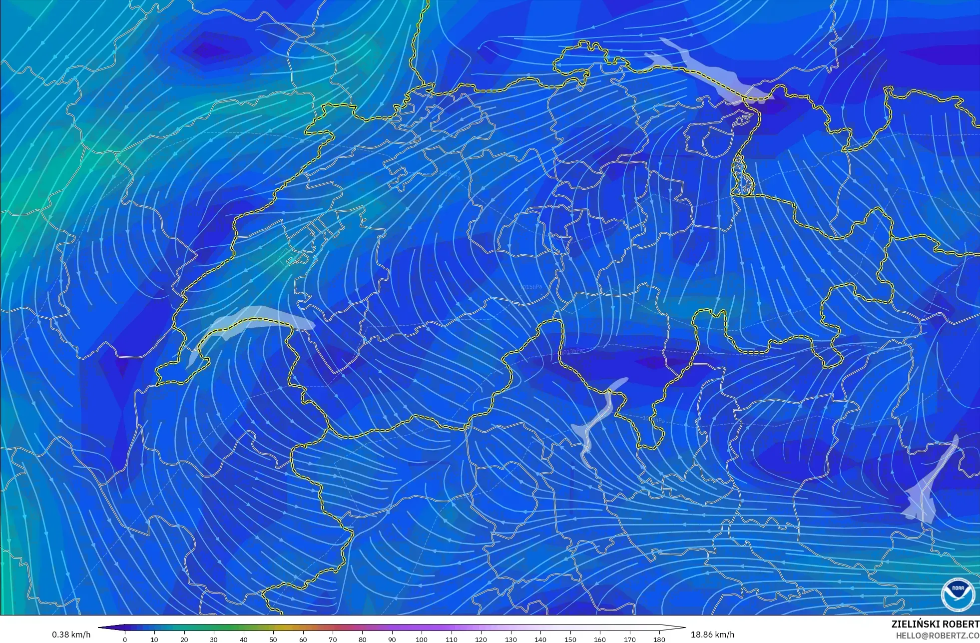 GFS model - Switzerland, Wind at 10m