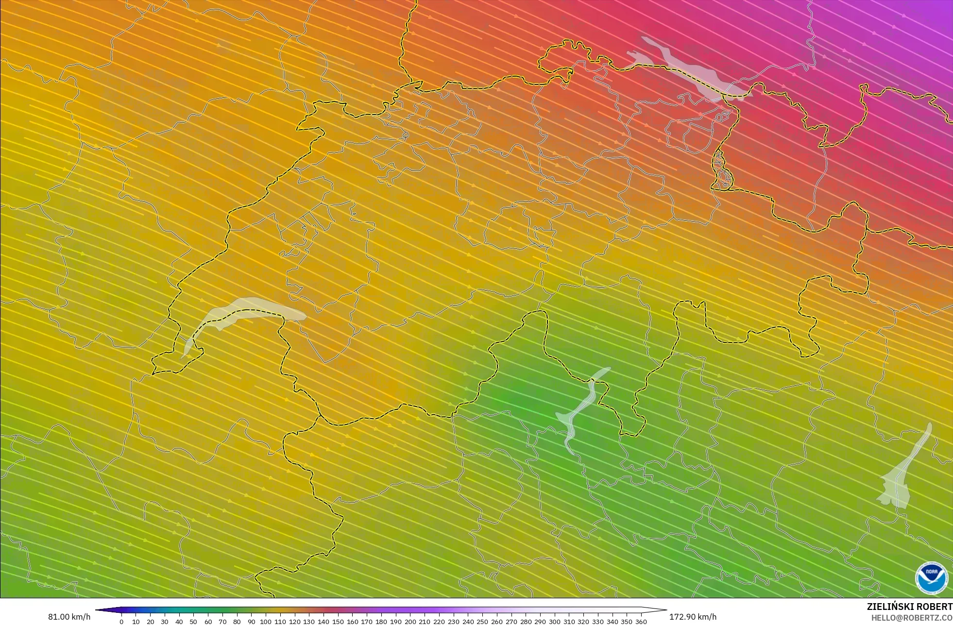 GFS model - Switzerland, Wind at 300hPa (jet stream)