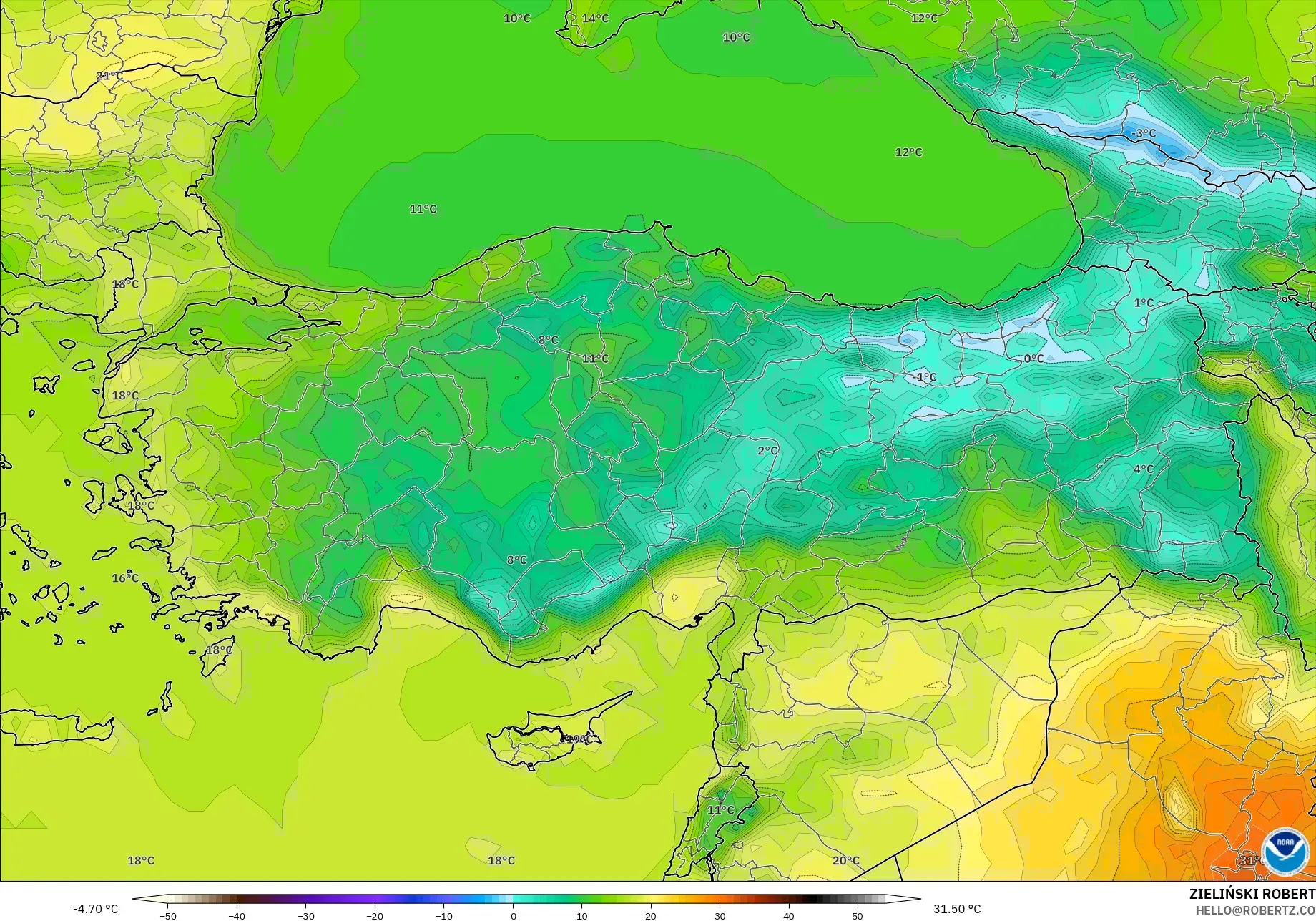 GFS model - Turkey, Temperature at 2m