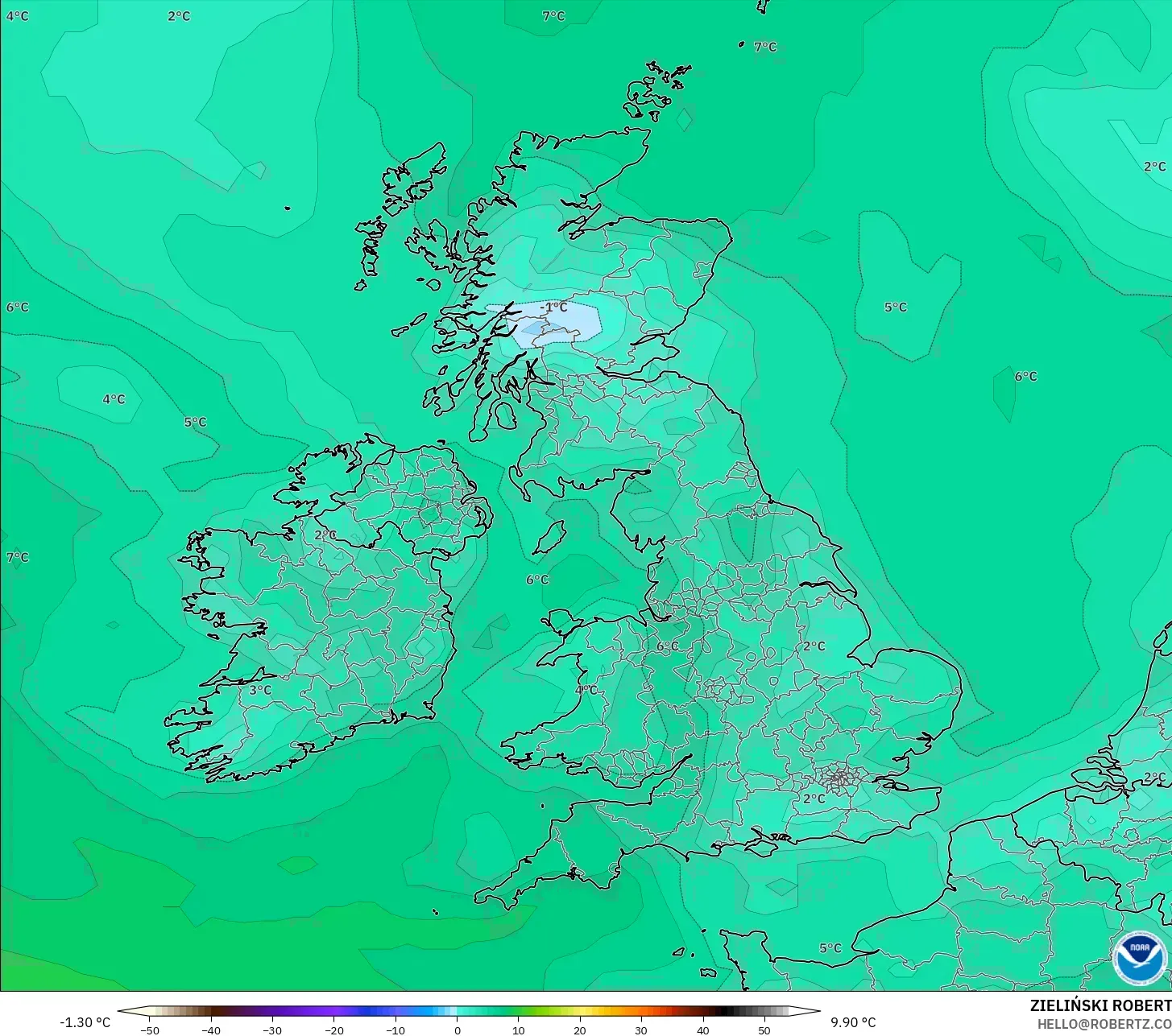 GFS model - United Kingdom, Dewpoint at 2m