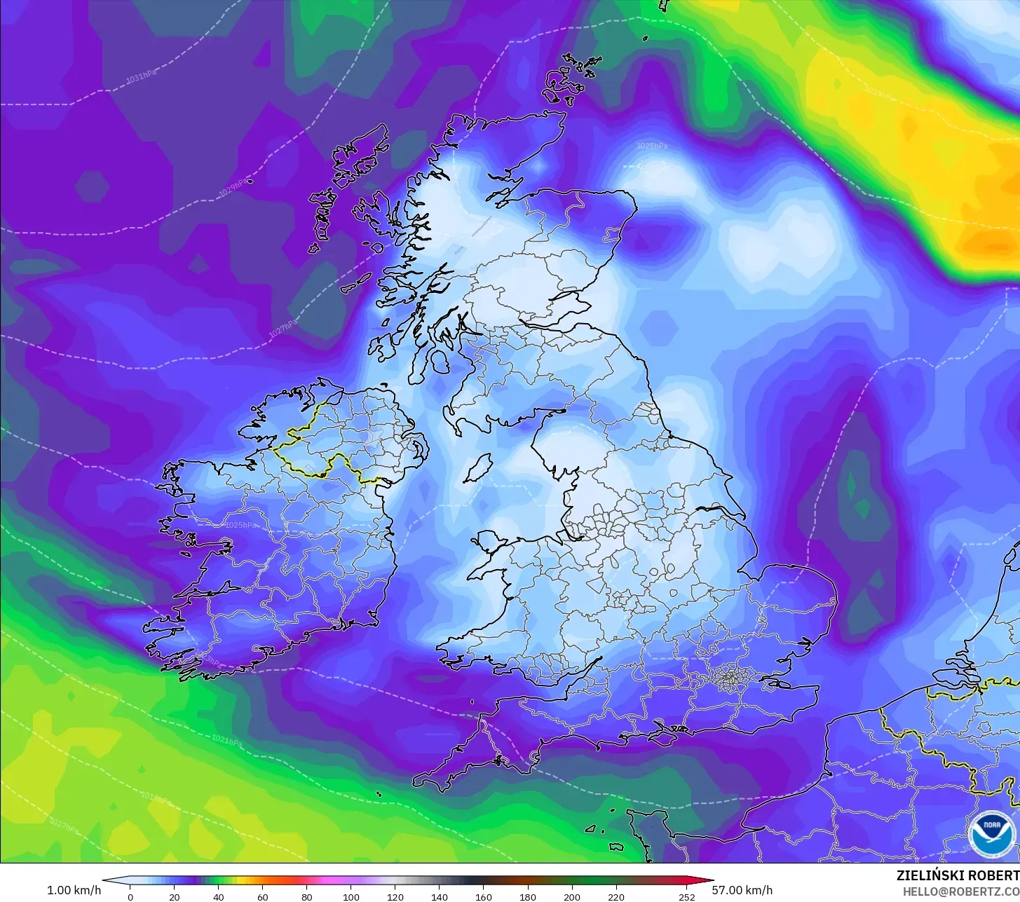 GFS model - United Kingdom, Wind Gusts