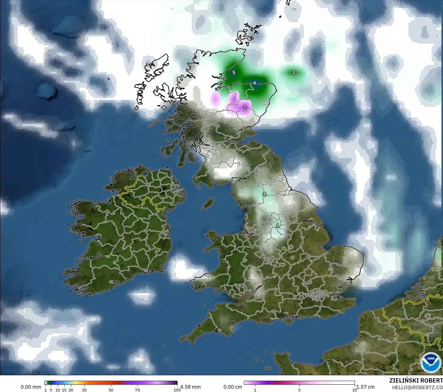 GFS model - United Kingdom, Precipitation, Clouds, and Pressure