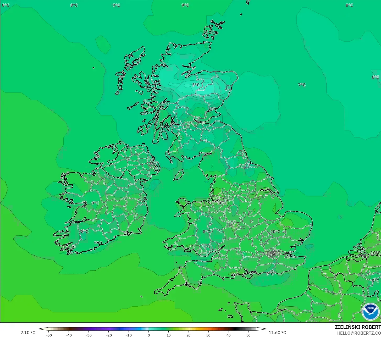GFS model - United Kingdom, Temperature at 2m