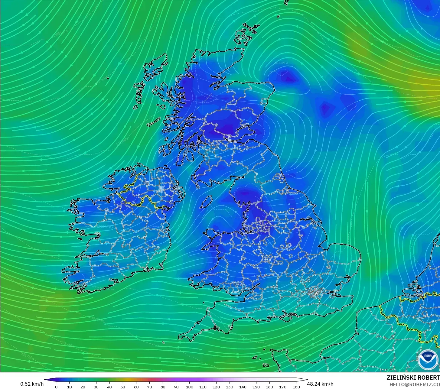 GFS model - United Kingdom, Wind at 10m
