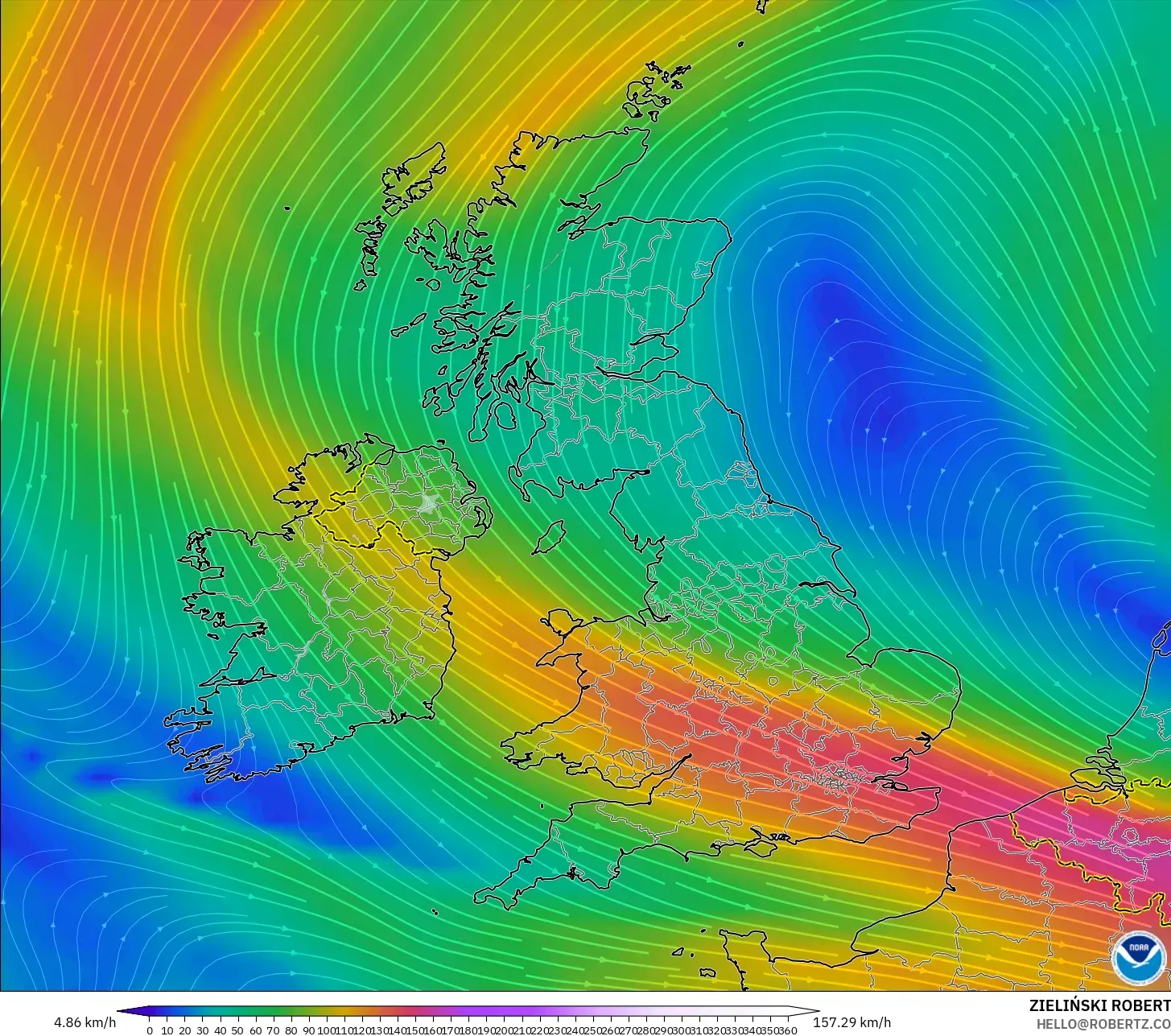 GFS model - United Kingdom, Wind at 300hPa (jet stream)