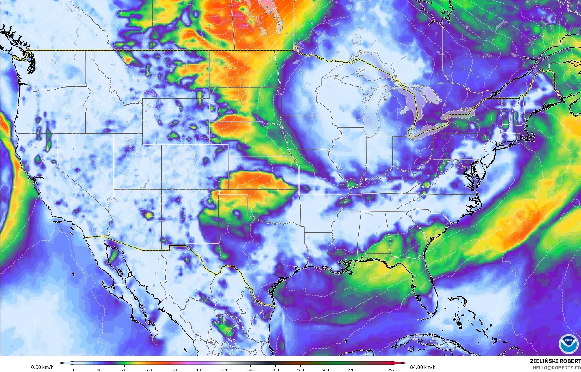 GFS model - United States, Wind Gusts