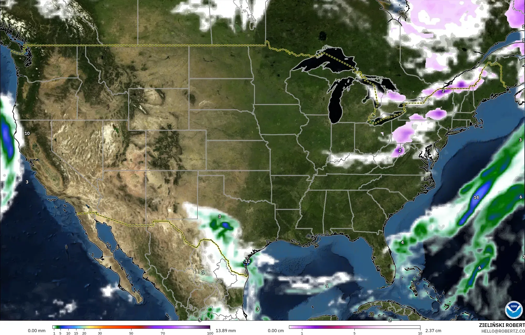 GFS model - United States, Precipitation, Clouds, and Pressure