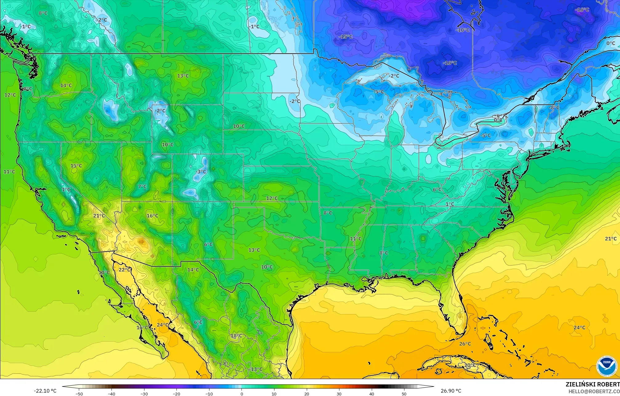 GFS model - United States, Temperature at 2m