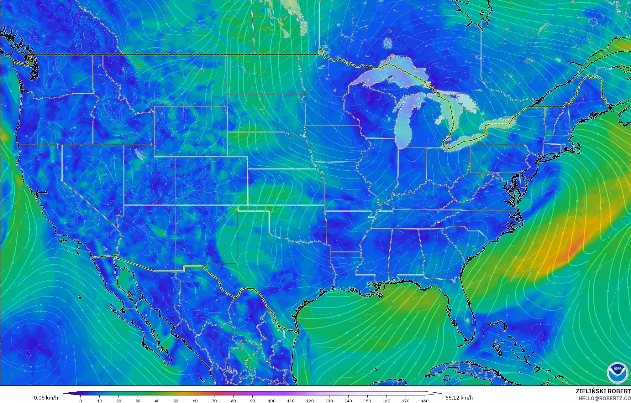 GFS model - United States, Wind at 10m