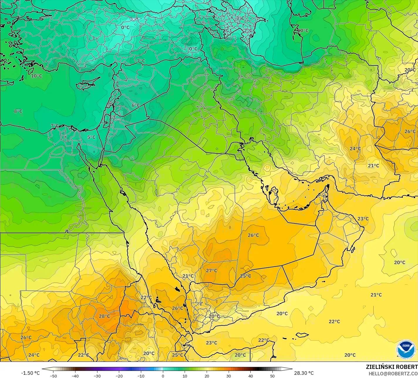 GFS model - Middle East, Temperature at 850hPa