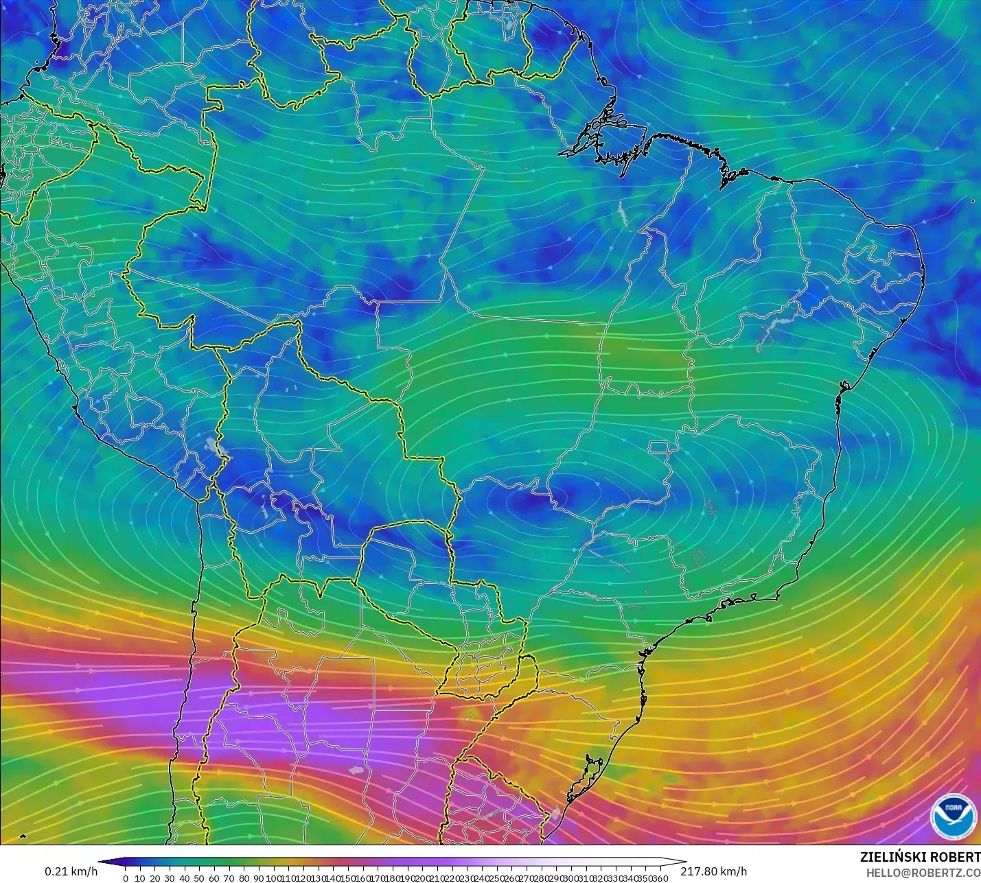 GFS model - Brazil, Wind at 300hPa (jet stream)