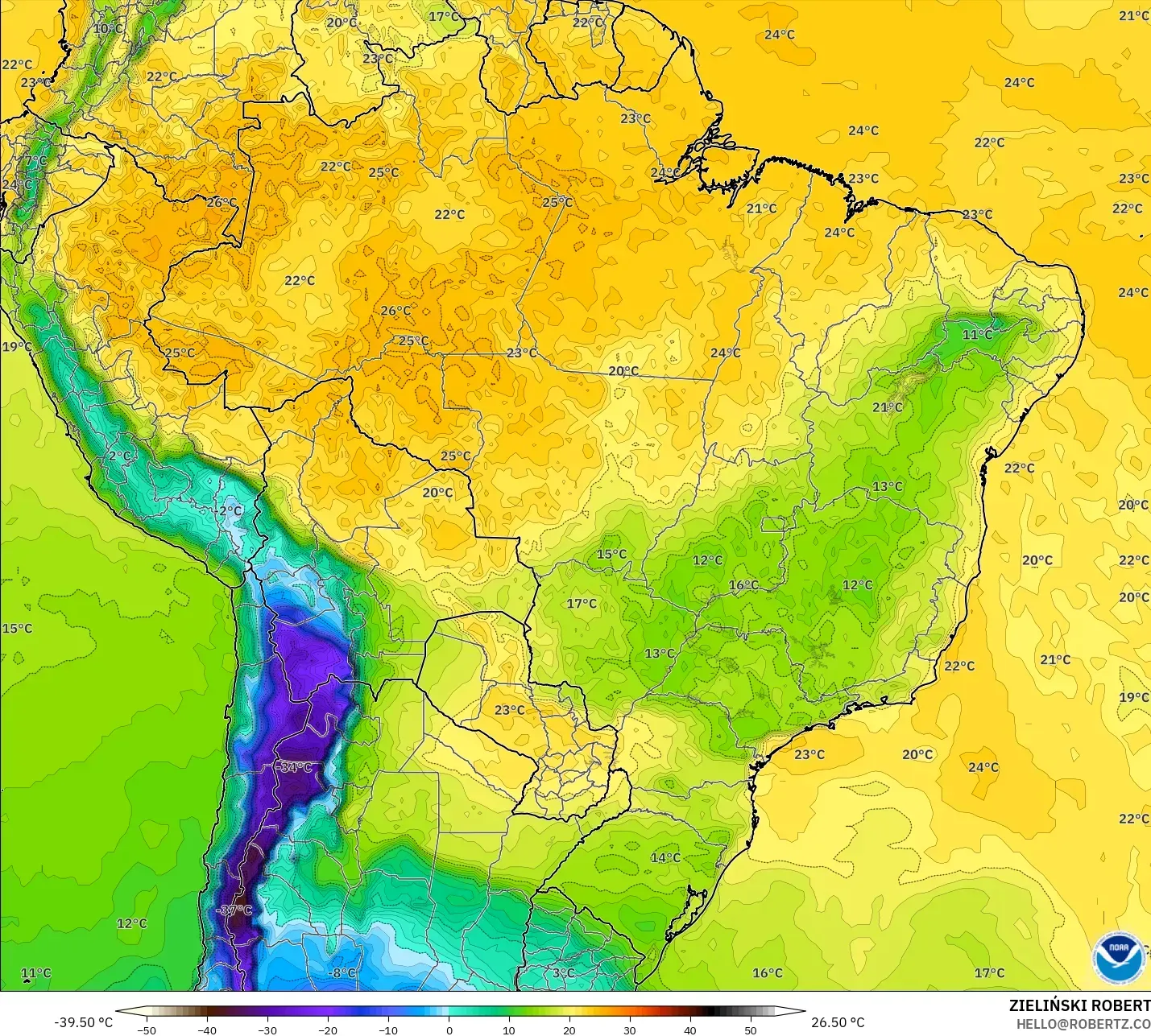 GFS model - Brazil, Dewpoint at 2m