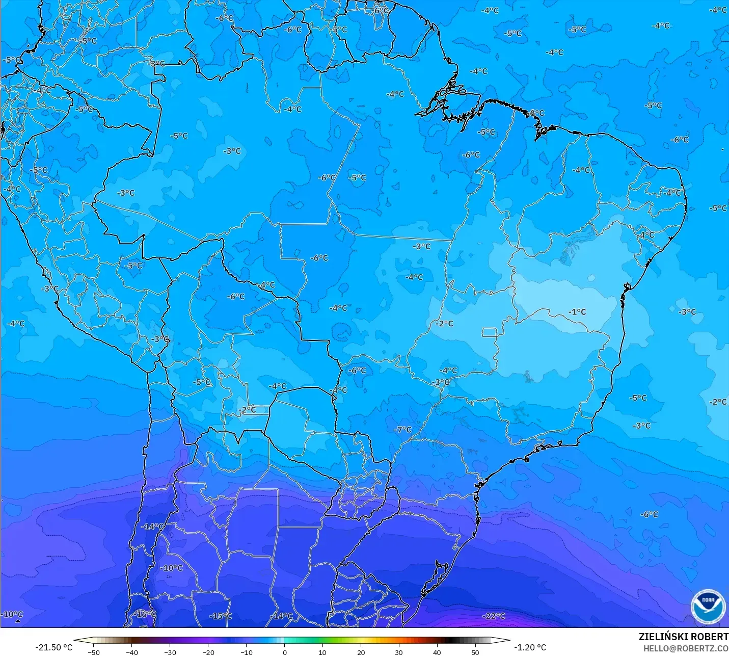 GFS model - Brazil, Temperature at 500hPa