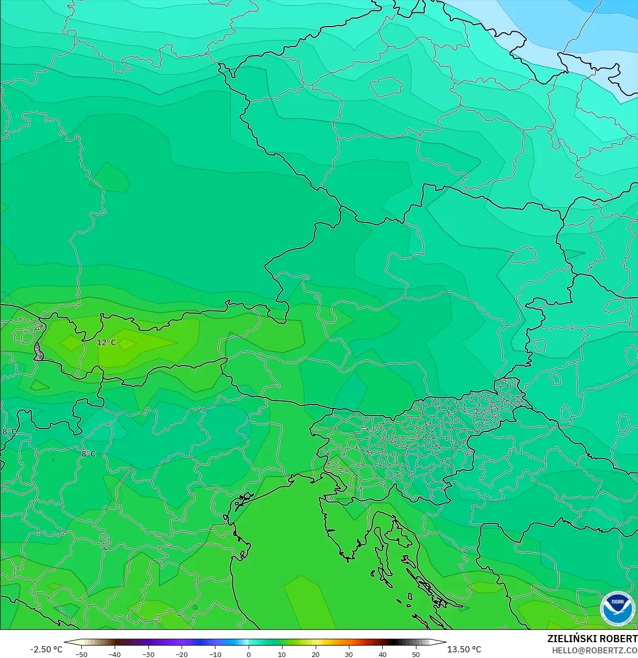 GFS model - Austria, Temperature at 850hPa