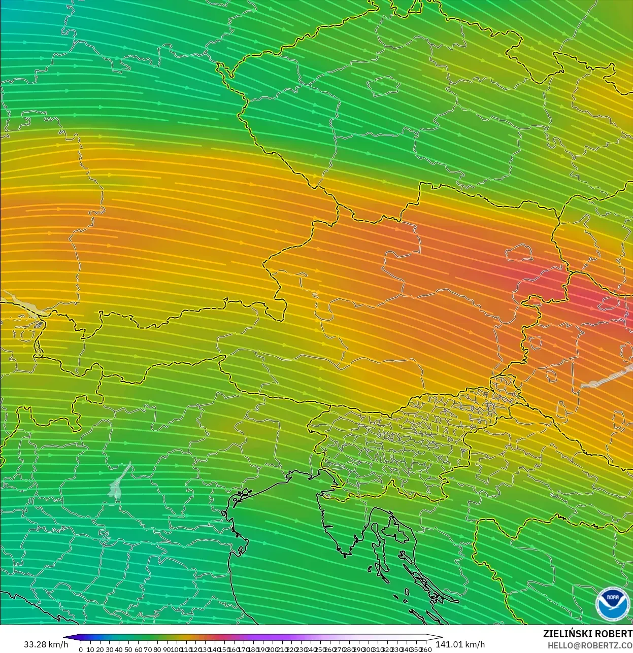 GFS model - Austria, Wind at 300hPa (jet stream)