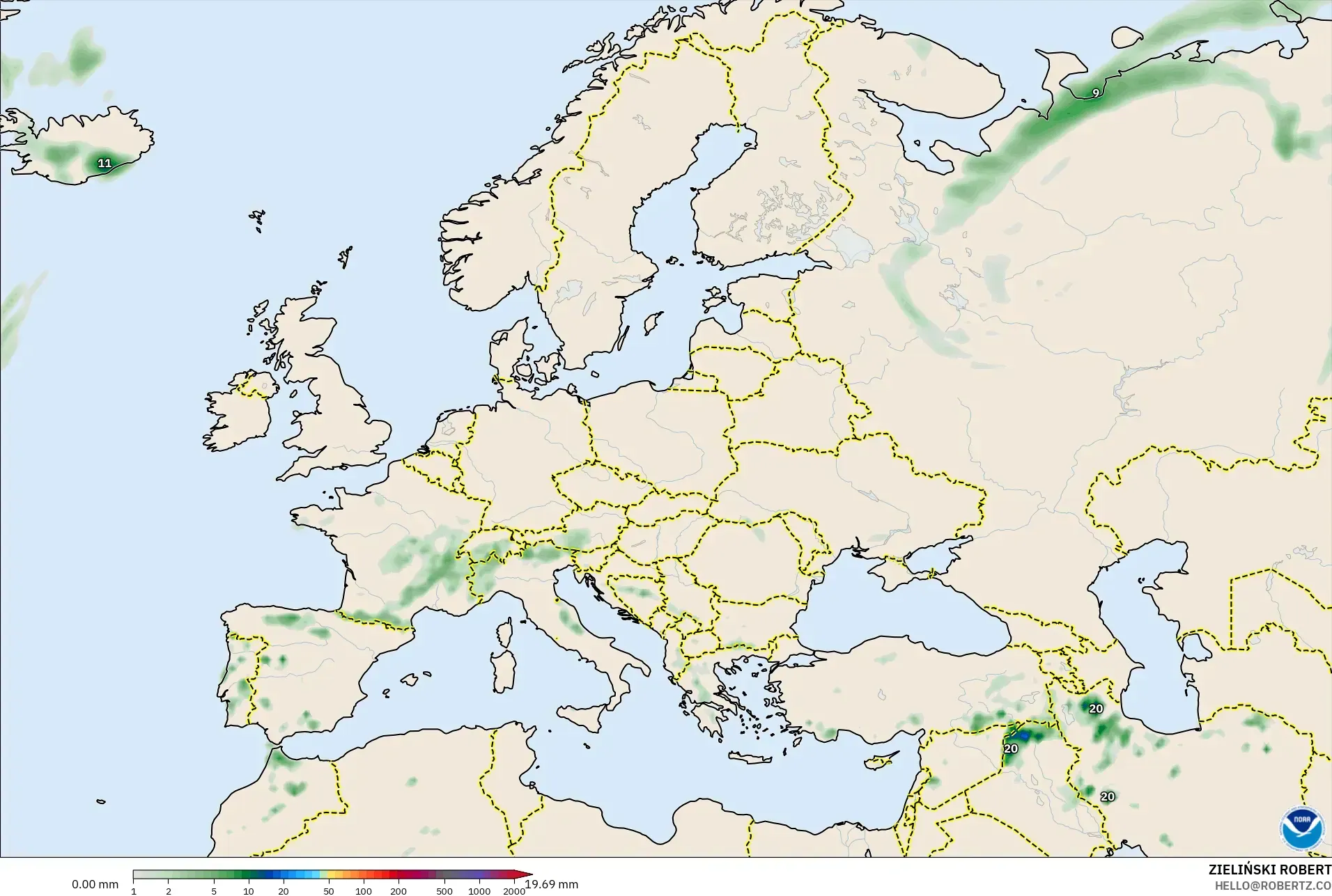 GFS model - Europe, Precipitation Accumulation