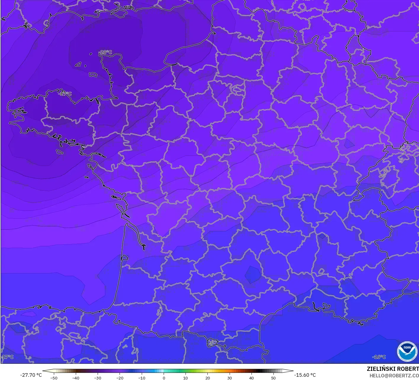 GFS model - France, Temperature at 500hPa