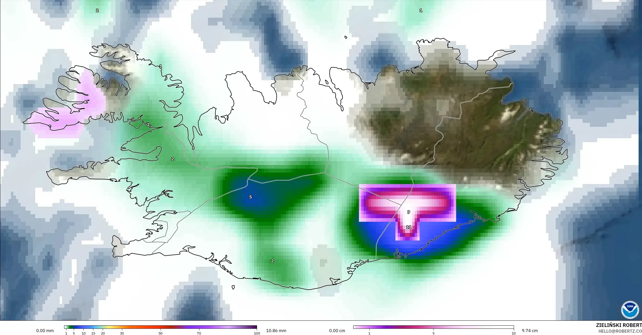 GFS model - Iceland, Precipitation, Clouds, and Pressure