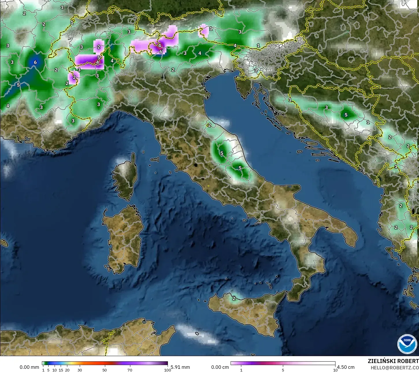 GFS model - Italy, Precipitation, Clouds, and Pressure