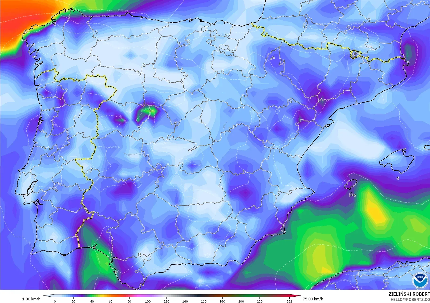 GFS model - Spain, Wind Gusts Peak