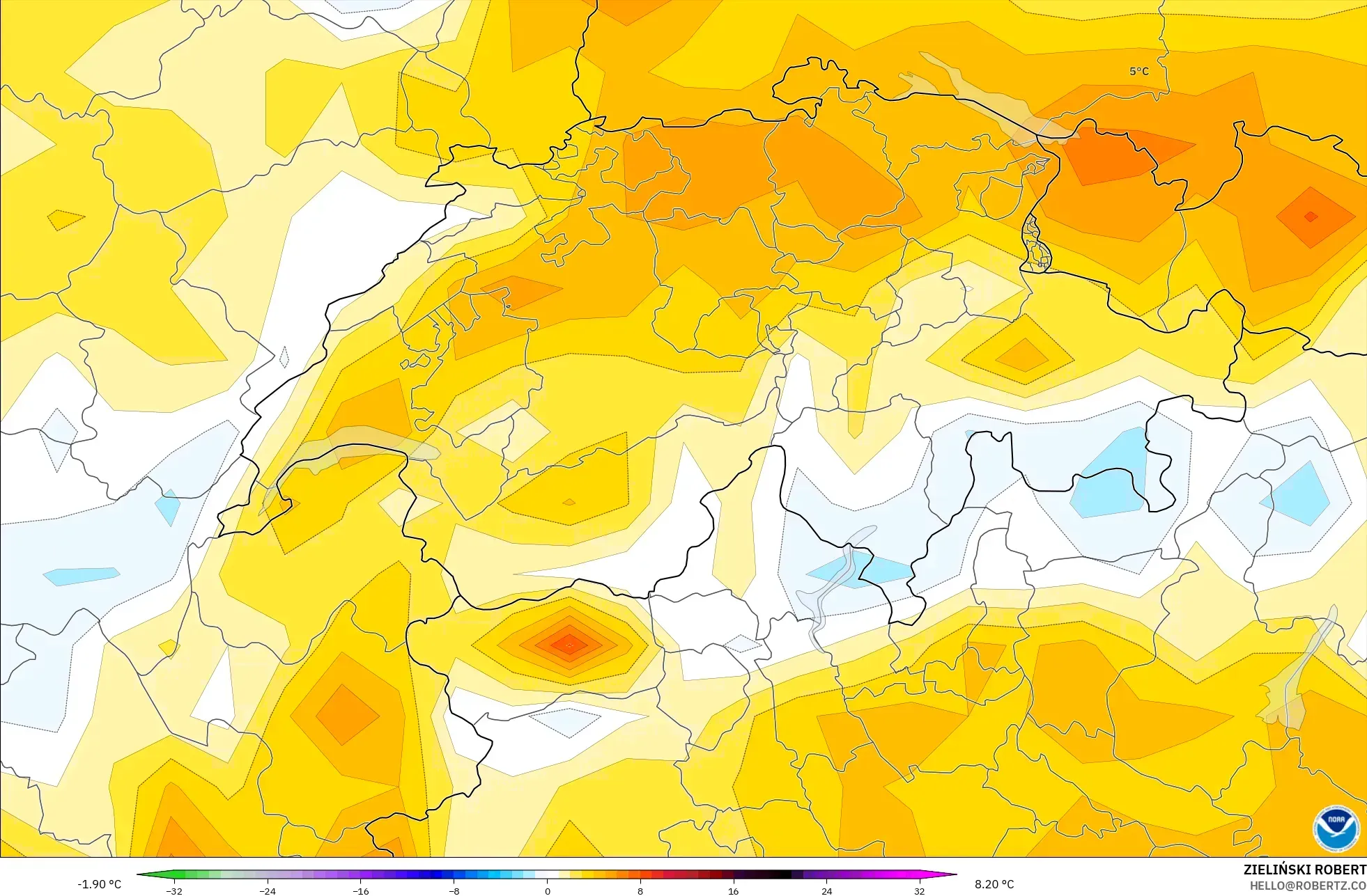 GFS model - Switzerland, Temperature at 2m Anomaly