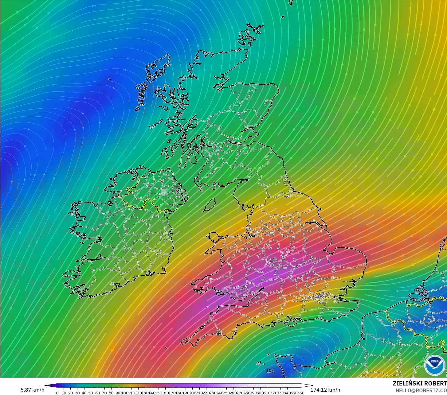 GFS model - United Kingdom, Wind at 300hPa (jet stream)