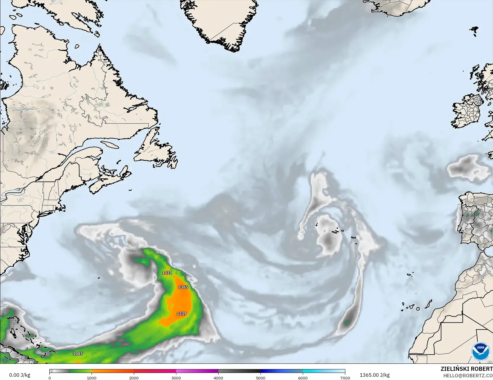 GFS model - North Atlantic, CAPE