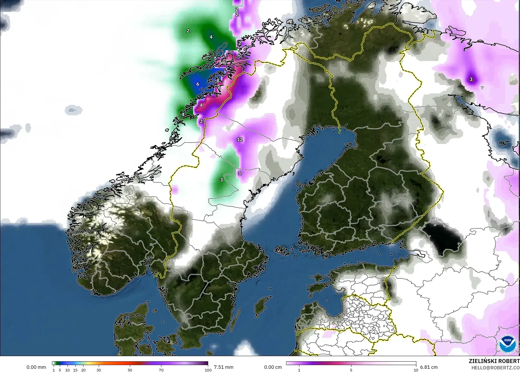 GFS model - Scandinavia, Precipitation, Clouds, and Pressure