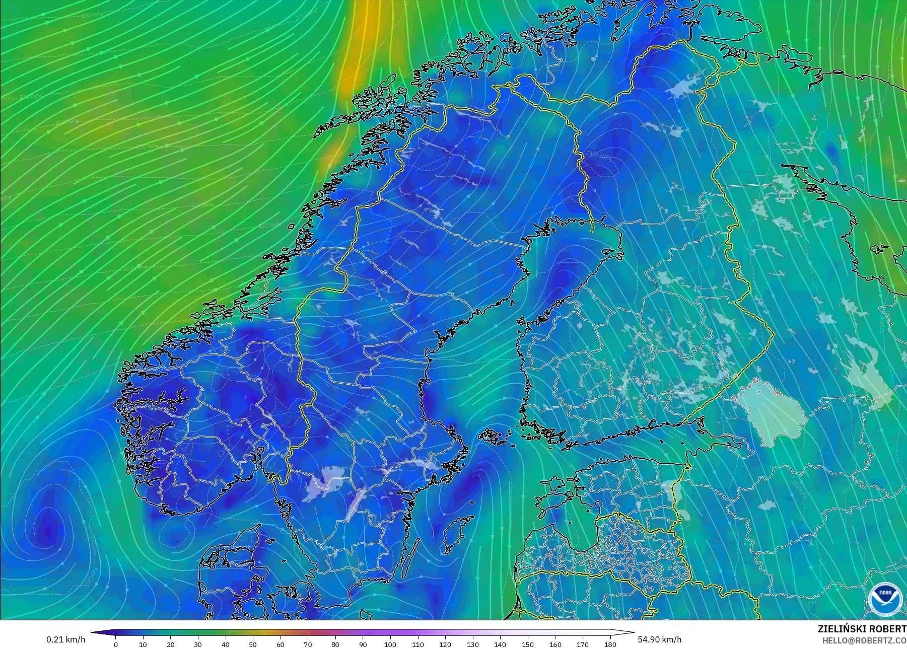 GFS model - Scandinavia, Wind at 10m