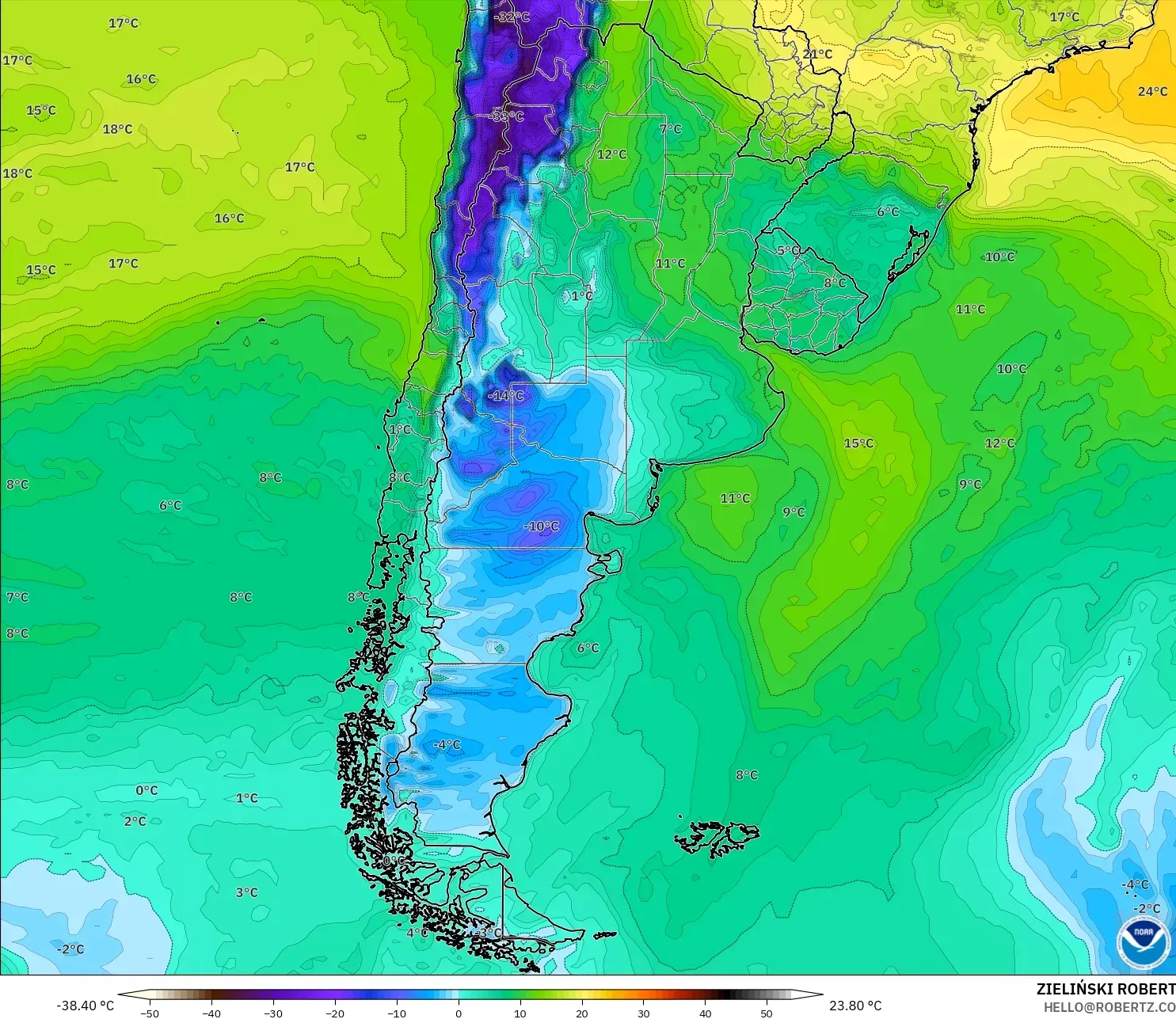 GFS model - Argentina, Dewpoint at 2m