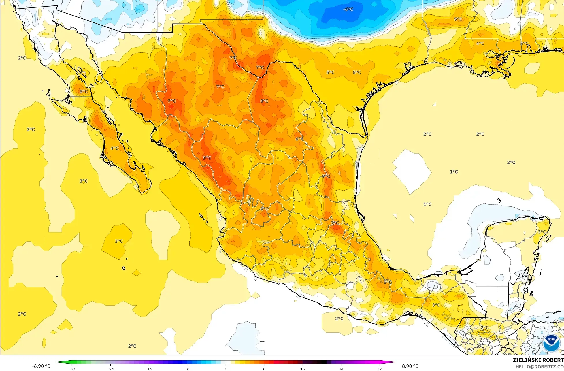 GFS model - Mexico, Temperature at 2m Anomaly