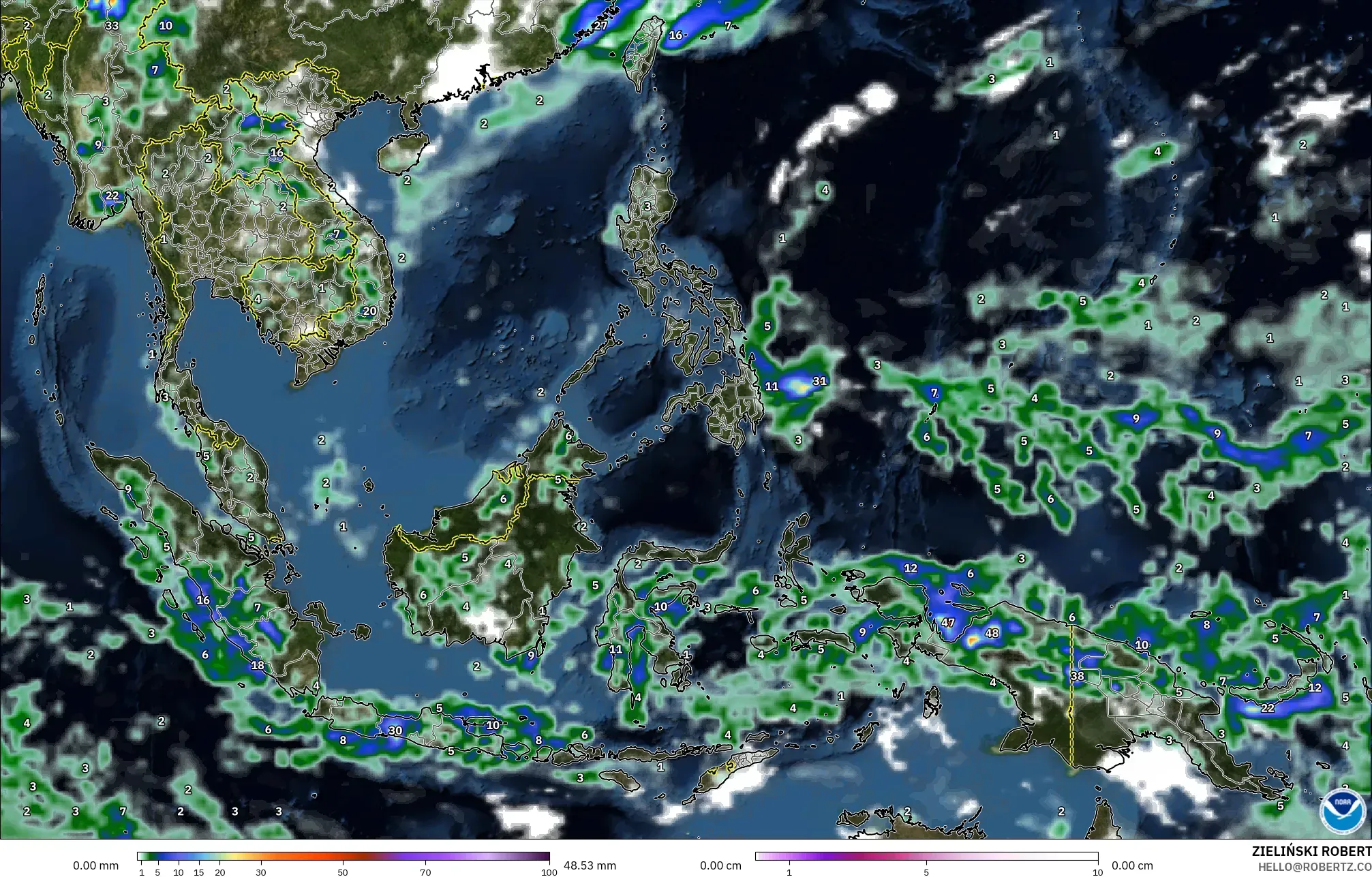 GFS model - South East Asia, Precipitation, Clouds, and Pressure