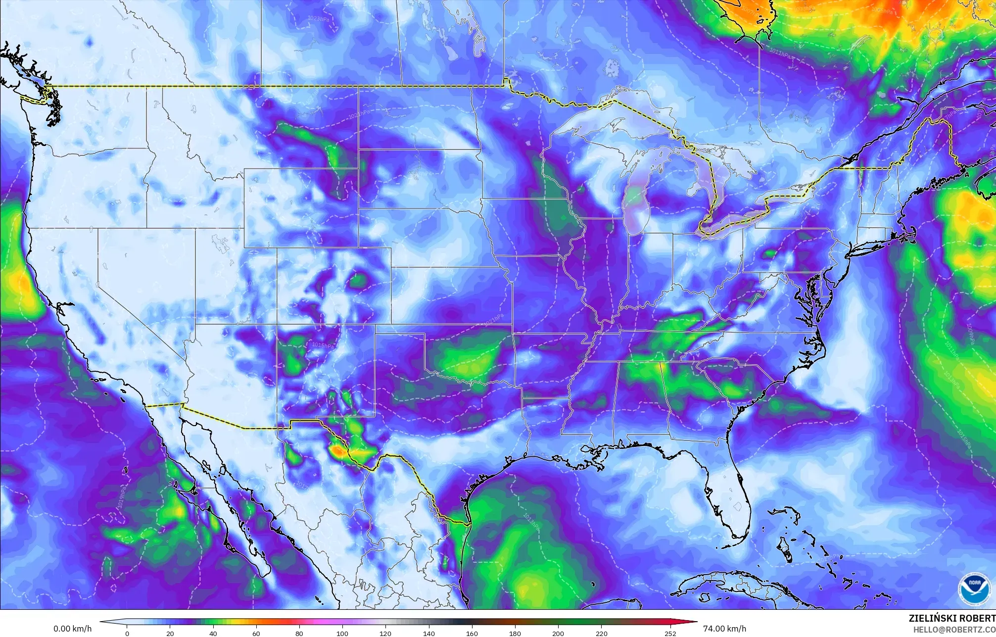 GFS model - United States, Wind Gusts