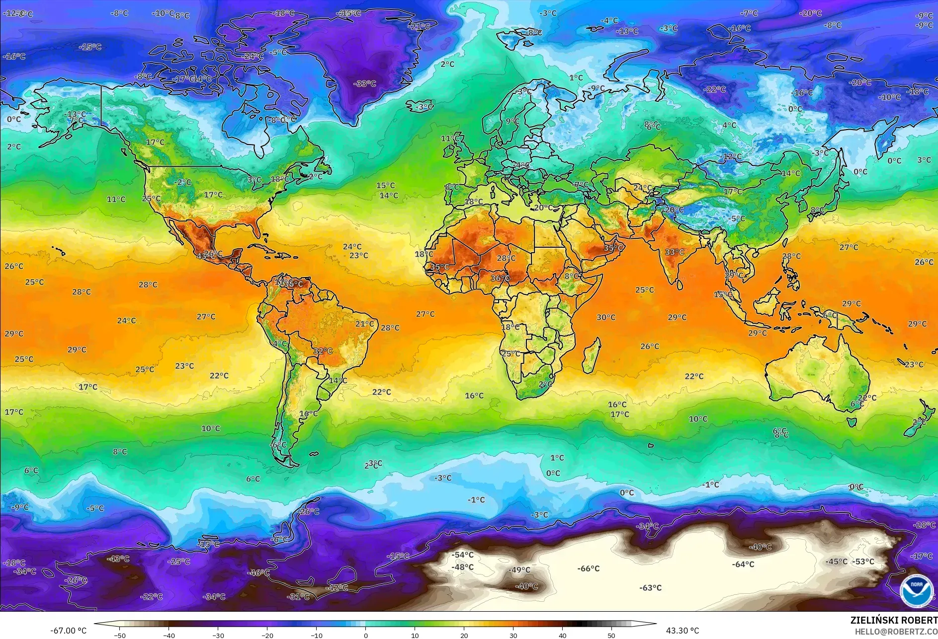 GFS model - World, Temperature at 2m