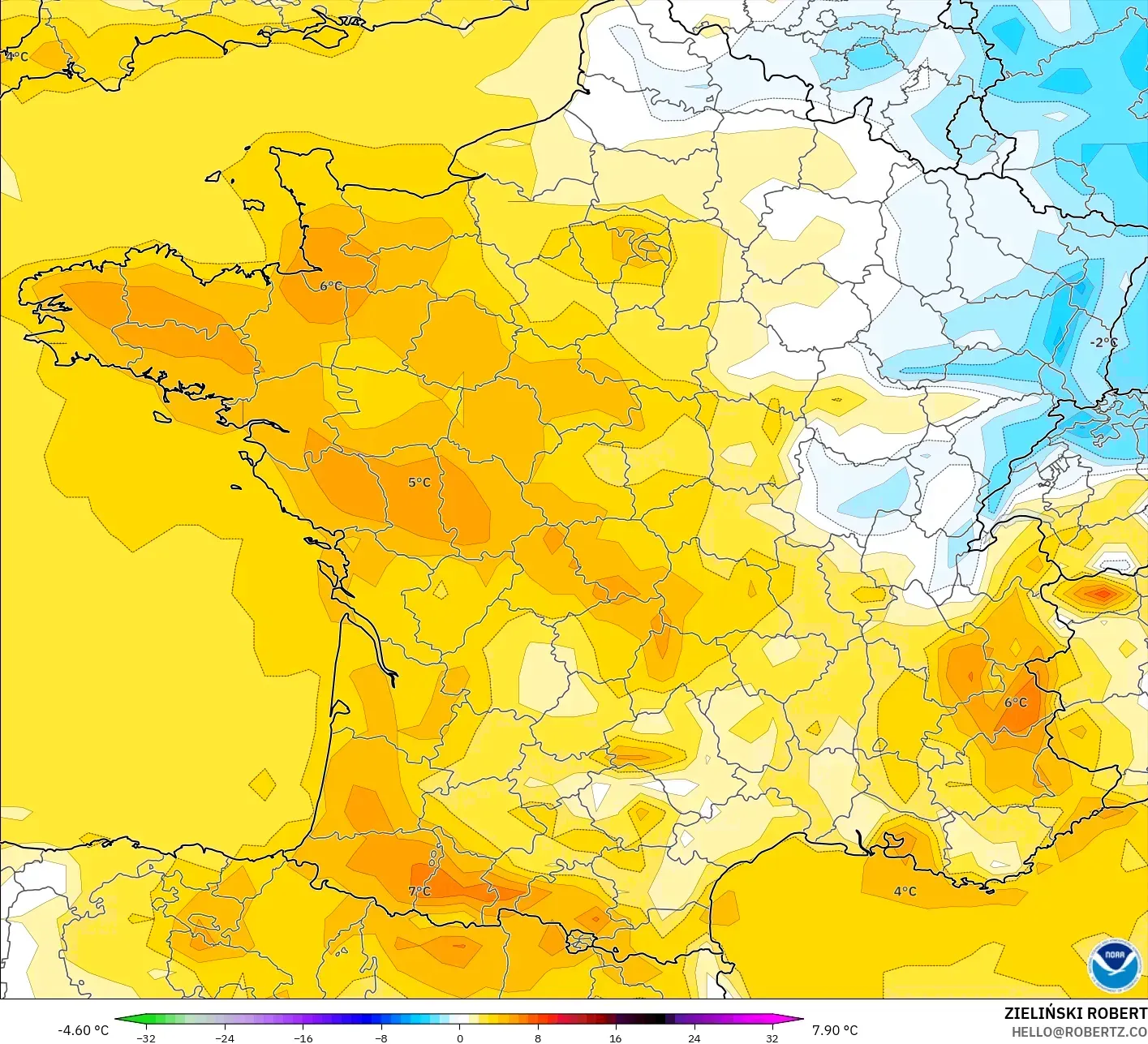 GFS model - France, Temperature at 2m Anomaly