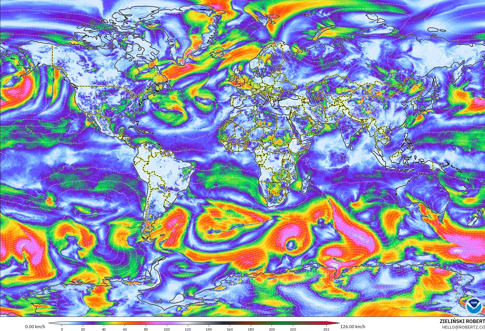 GFS model - World, Wind Gusts Peak