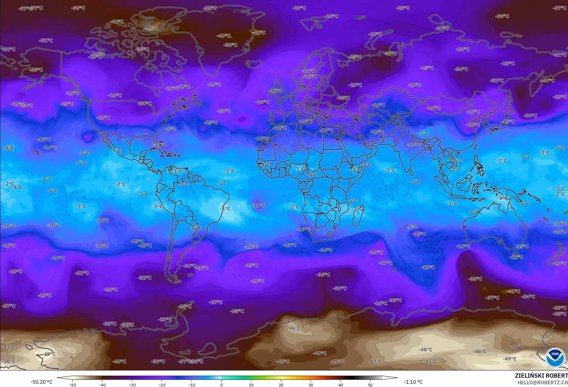 GFS model - World, Temperature at 500hPa