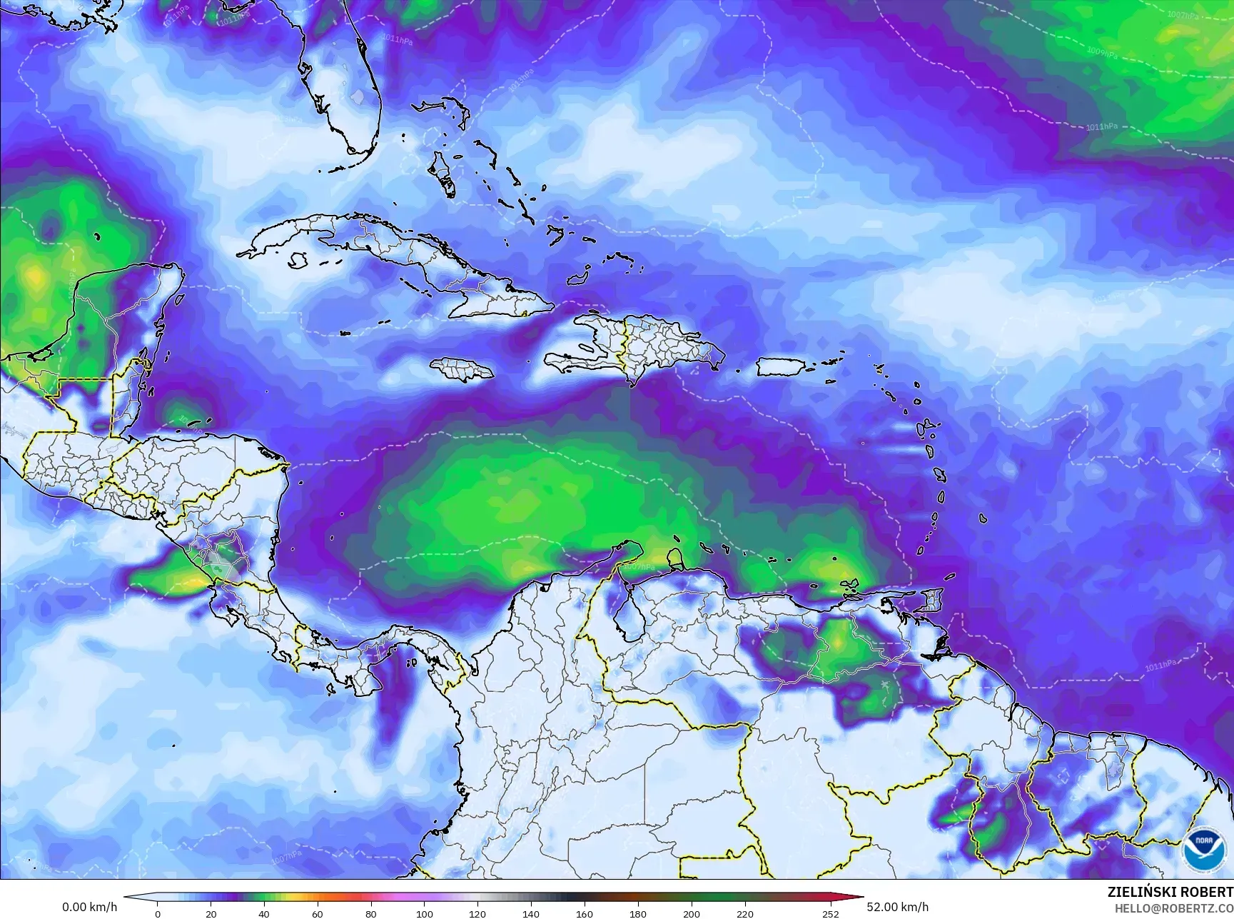 GFS model - Caribbean, Wind Gusts