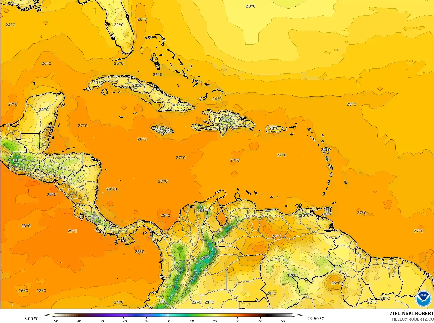 GFS model - Caribbean, Temperature at 2m